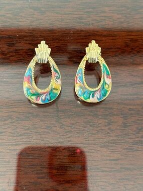 Vintage Gold Teardrop Earrings with Blue, Pink, Green & Yellow Enamel